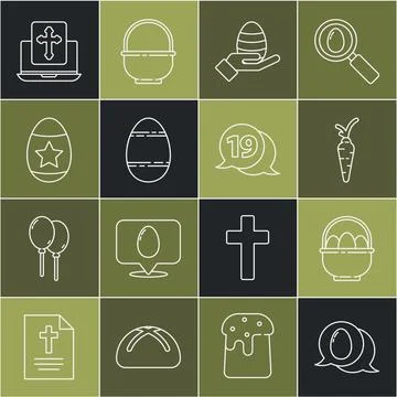 Set line Speech bubble with easter egg, Basket eggs, Carrot, Human hand and Illustrazione stock