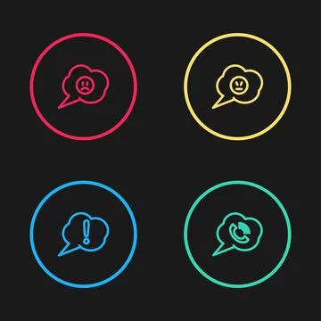 Set line Speech bubble Exclamation, with phone call, angry smile and sad icon Stock Illustration
