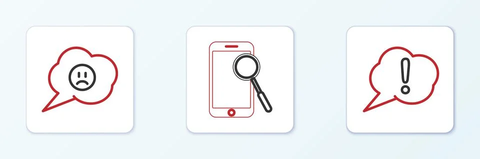 Set line Speech bubble Exclamation, with sad smile and Mobile phone diagnostics Illustrazione stock