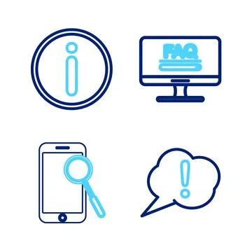 Set line Speech bubble Exclamation, Mobile phone diagnostics, Monitor with FA Stock Illustration