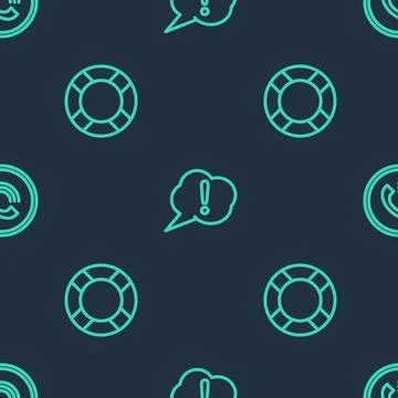 Set line Speech bubble Exclamation, Lifebuoy and Phone call on seamless patte Stock Illustration