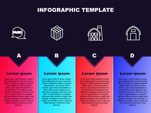 Set line Speech bubble with Farm, Bale of hay, house and . Business infographic Illustrazione stock