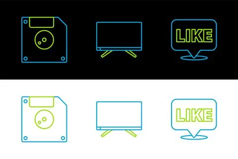 Set line Like in speech bubble, Floppy disk for computer data storage and Smart 스톡 일러스트