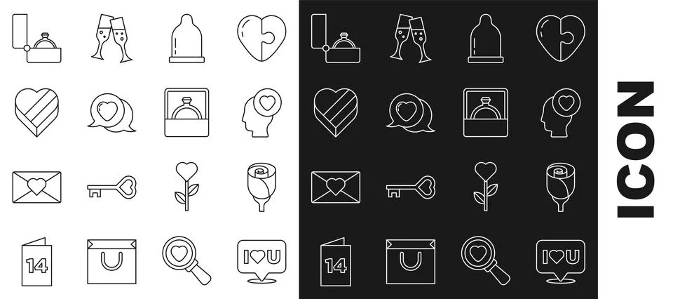 Set line Speech bubble with I love you, Flower rose, Head heart, Condom, Heart Stock-Illustration