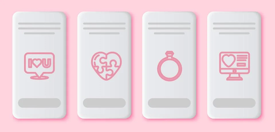 Set line Speech bubble with I love you, Heart, Diamond engagement ring and Illustrazione stock