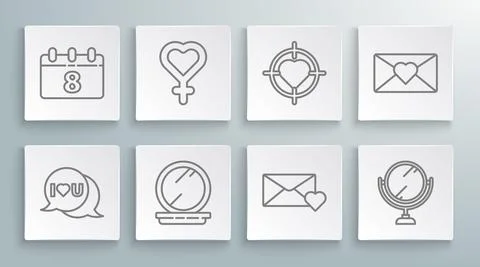 Set line Speech bubble with I love you, Female gender symbol, Makeup powder Ilustração Stock