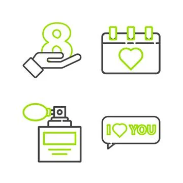 Set line Speech bubble with I love you, Perfume, Calendar 8 March and on hand Ilustração Stock
