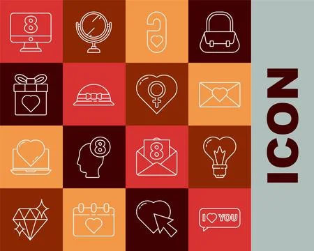 Set line Speech bubble with I love you, Heart shape in a light bulb, Envelope 8 Ilustração Stock