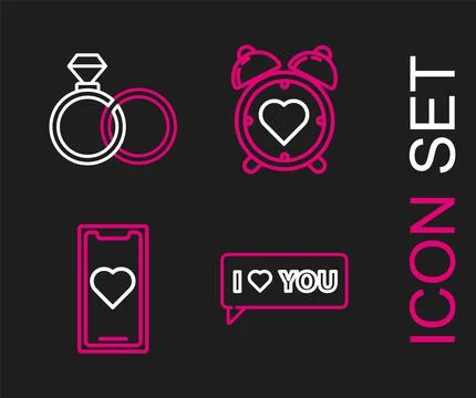 Set line Speech bubble with I love you, Mobile phone heart, Heart in the cent Ilustração Stock