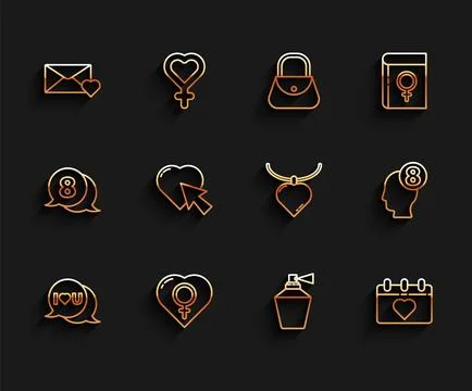 Set line Speech bubble with I love you, Female gender in heart, Envelope 8 March Ilustração Stock