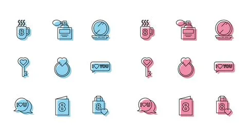 Set line Speech bubble with I love you, Greeting card 8 March, Coffee cup, .. Ilustração Stock