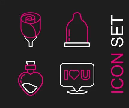 Set line Speech bubble with I love you, Bottle potion, Condom and Flower ro.. Ilustração Stock