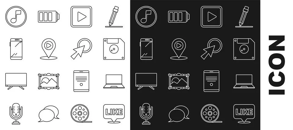 Set line Like in speech bubble, Laptop, Floppy disk for computer data storage Stock Illustration