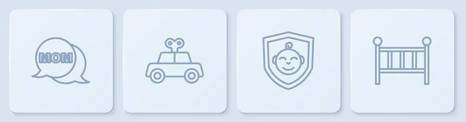 Set line Speech bubble mom, Baby on shield, Toy car and crib cradle bed. White Stock Illustration