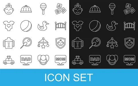 Set line Speech bubble mom, Baby on shield, crib cradle bed, Rattle baby to.. Stock Illustration