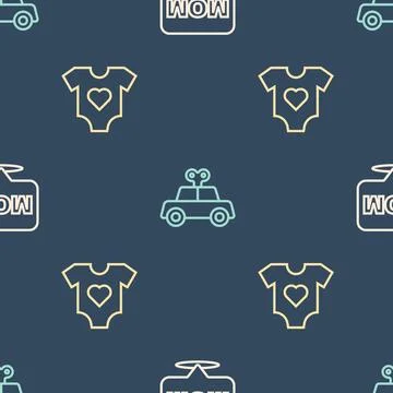 Set line Speech bubble mom, Baby clothes and Toy car on seamless pattern. V.. Illustrazione stock