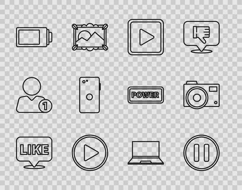 Set line Like in speech bubble, Pause button, Play square, circle, Battery Illustrazione stock