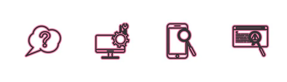 Set line Speech bubble Question, Mobile phone diagnostics, Computer monitor Illustrazione stock