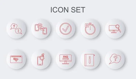 Set line Speech bubble Question, No Internet connection, Check mark in circ.. Stock Illustration