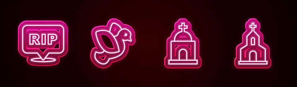 Set line Speech bubble rip death, Dove, Old crypt and Church building. Glowing Ilustración de archivo