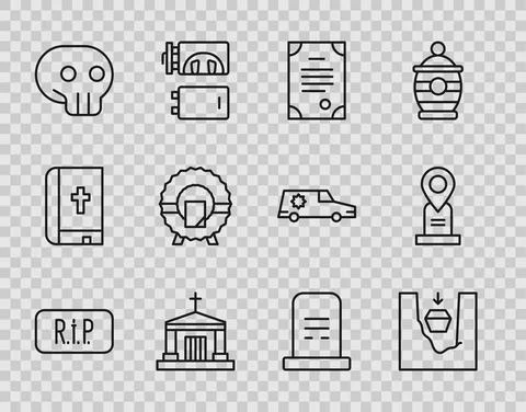 Set line Speech bubble rip death, Coffin in grave, Death certificate, Old crypt Ilustración de archivo