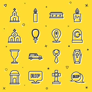 Set line Speech bubble rip death, Coffin with cross, Muslim cemetery, Christian Illustrazione stock