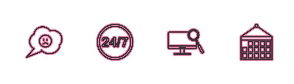 Set line Speech bubble with sad smile, Computer monitor diagnostics, Clock 24 Stock Illustration