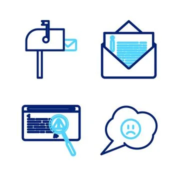 Set line Speech bubble with sad smile, System bug concept, Envelope and Open  스톡 일러스트