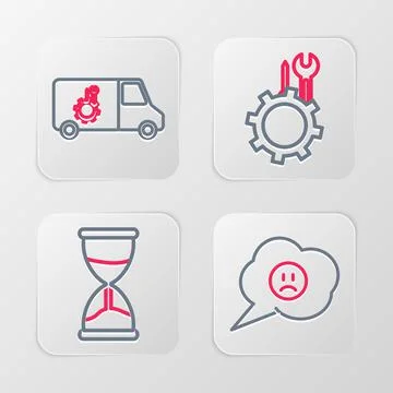Set line Speech bubble with sad smile, Hourglass, Wrench and screwdriver in g Stock Illustration