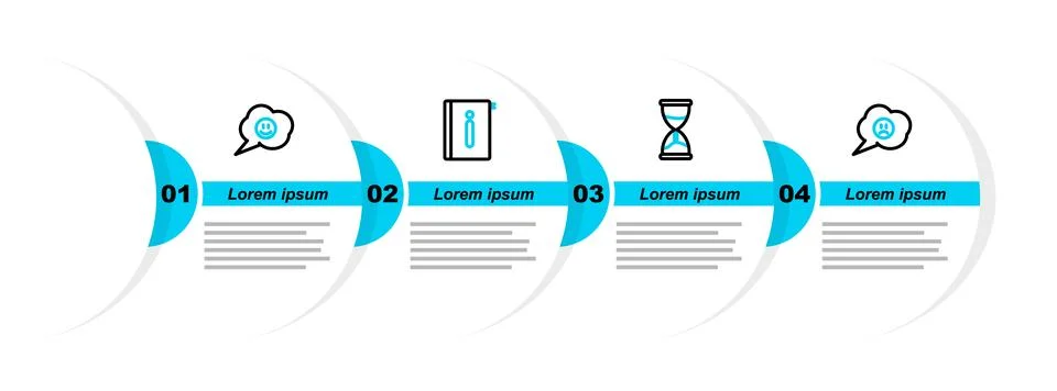 Set line Speech bubble with sad smile, Hourglass, User manual and face icon Stock Illustration
