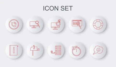 Set line Speech bubble with sad smile, User manual, Computer monitor service Stock Illustration