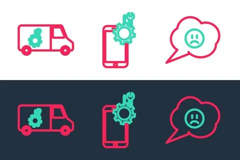 Set line Speech bubble with sad smile, Car service and Mobile icon. Vector Stock Illustration