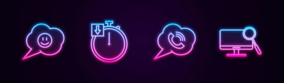 Set line Speech bubble with smile face, Stopwatch, phone call and Computer Stock Illustration