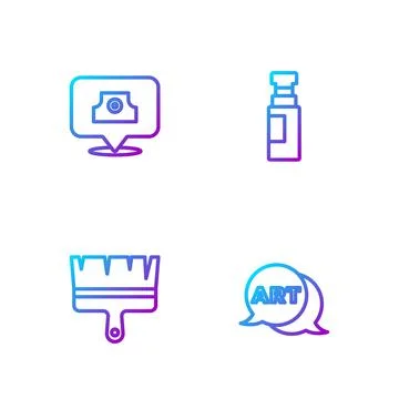 Set line Speech bubble with text art, Paint brush, Spray can nozzle cap and Stock Illustration
