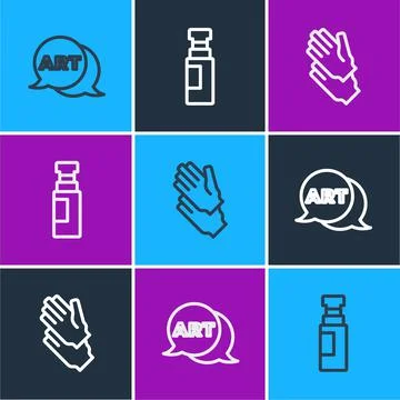 Set line Speech bubble with text art, Rubber gloves and Marker pen icon. Vector Illustrazione stock