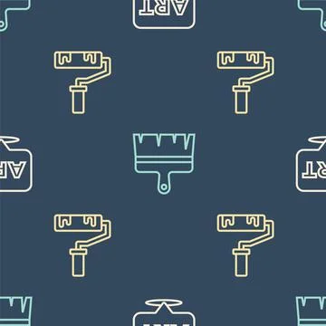 Set line Speech bubble with text art, Paint roller brush and on seamless pattern Illustrazione stock