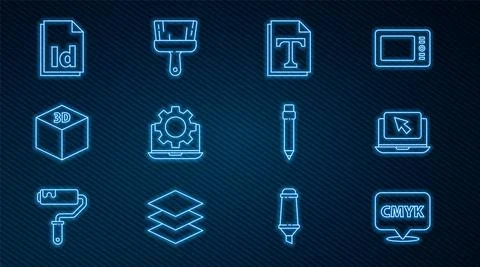 Set line Speech bubble with text CMYK, Laptop and cursor, Text file document Stock Illustration