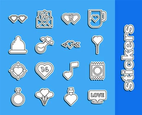 Set line Speech bubble with text love, Condom in package, Balloons form of heart Stock Illustration