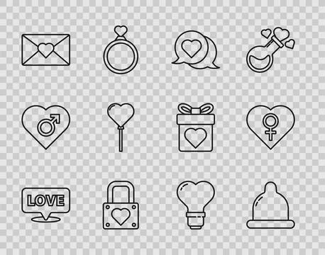 Set line Speech bubble with text love, Condom, Heart in speech, Lock and heart Stock-Illustration