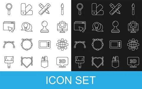 Set line Speech bubble with text 3D, Globe of the Earth and gear, Computer .. Stock-Illustration