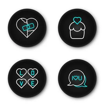 Set line Speech bubble text I love you, Love, Wedding cake and Healed broke.. Stock Illustration
