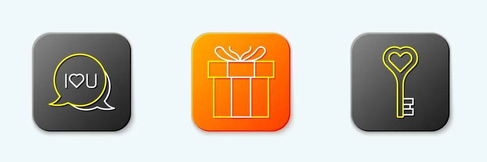 Set line Speech bubble text I love you, Gift box and Key in heart shape ico.. Stock Illustration