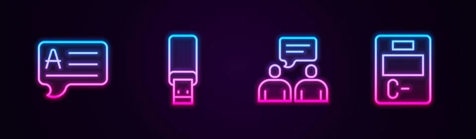 Set line Speech bubbles with Answer, USB flash drive, Two sitting men talking Illustrazione stock