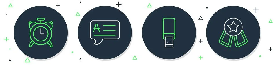 Set line Speech bubbles with Answer, USB flash drive, Alarm clock and Medal star Illustrazione stock