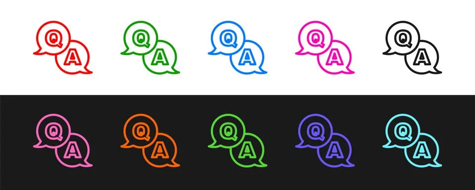 Set line Speech bubbles with Question and Answer icon isolated on black and Illustrazione stock