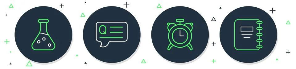 Set line Speech bubbles with Question, Alarm clock, Test tube and Notebook icon Stock Illustration
