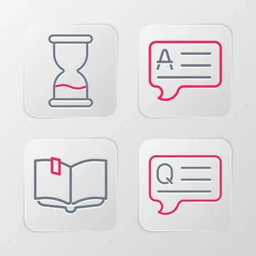 Set line Speech bubbles with Question, Open book, Answer and Old hourglass ic Illustrazione stock