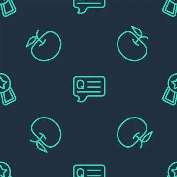 Set line Speech bubbles with Question, Apple and Medal star on seamless pattern 스톡 일러스트