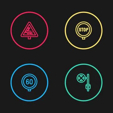 Set line Speed limit traffic, Stop sign with camera, and Warning road icon Stock Illustration