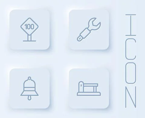 Set line Speed limit traffic sign 100 km, Wrench spanner, Train station bell and Stock-Illustration